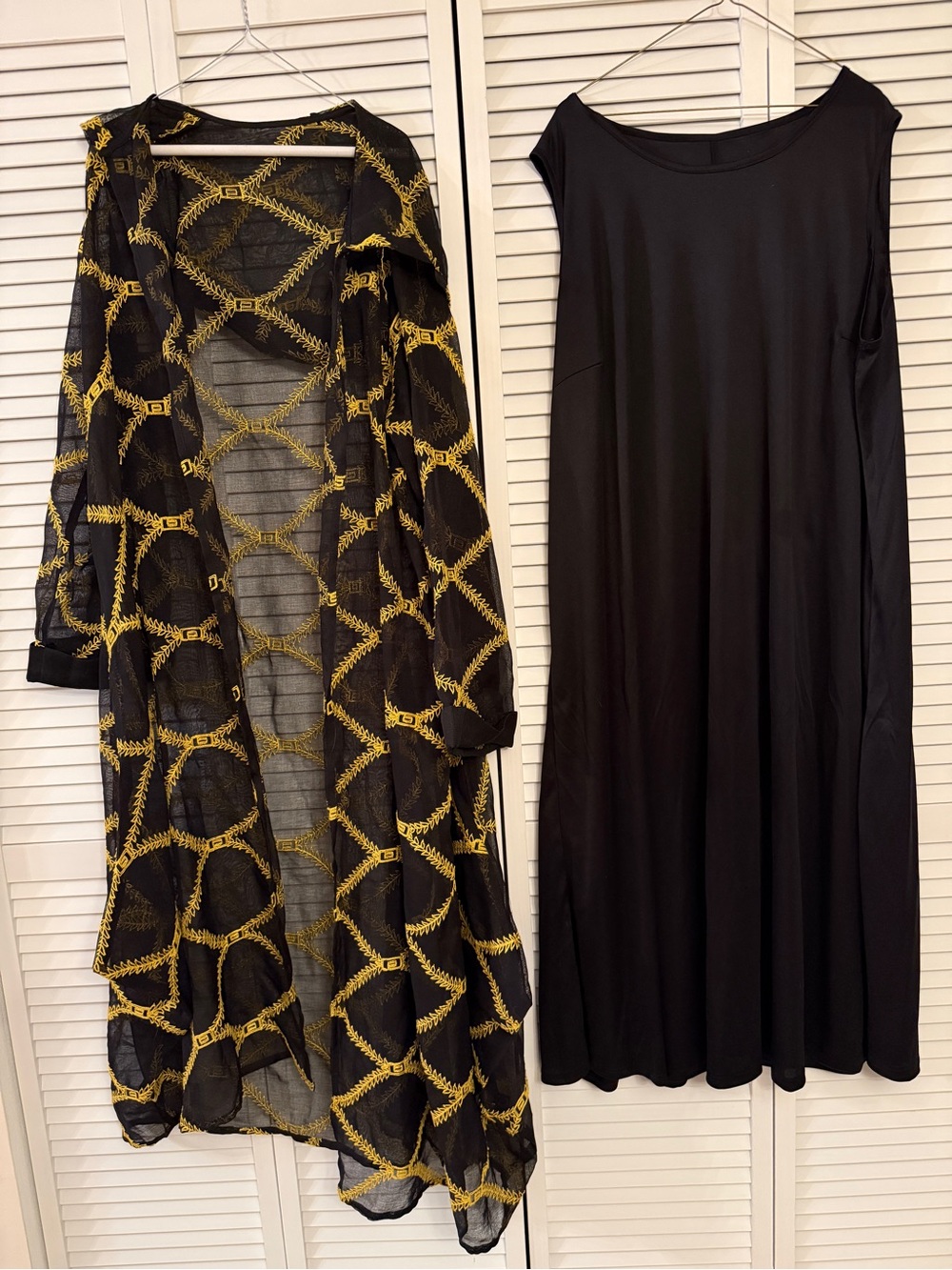 Black Sleeveless A-Line Dress with Black & Gold Sheer Duster